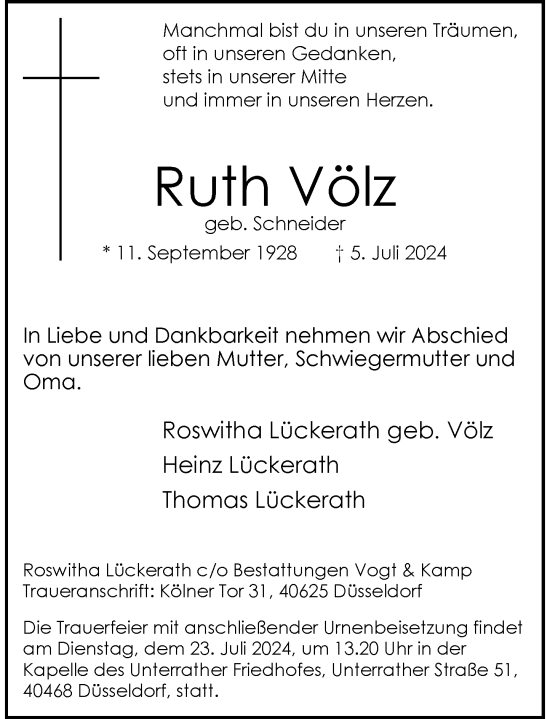 Traueranzeige von Ruth Völz von Rheinische Post