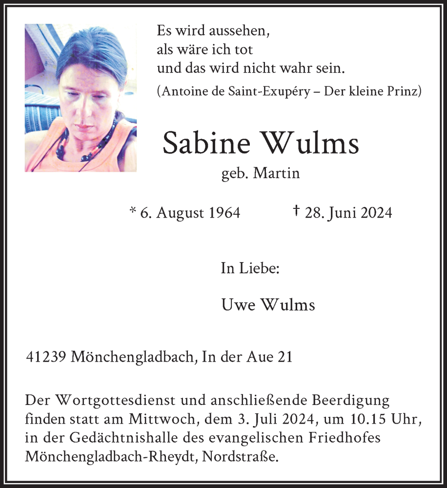  Traueranzeige für Sabine Wulms vom 02.07.2024 aus Rheinische Post