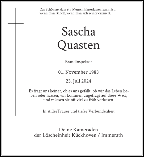 Traueranzeige von Sascha Quasten von Rheinische Post