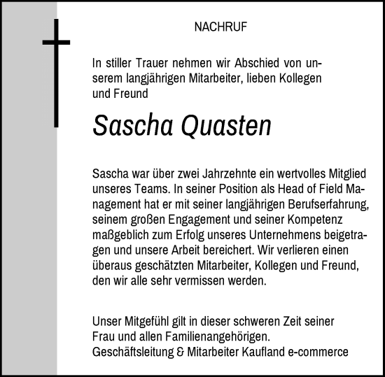 Traueranzeige von Sascha Quasten von Rheinische Post