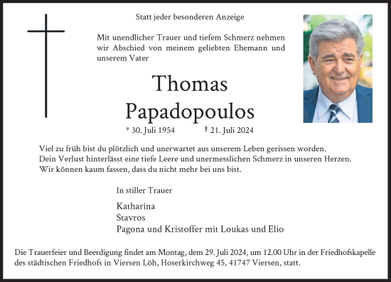 Traueranzeige von Thomas Papadopoulos von Rheinische Post