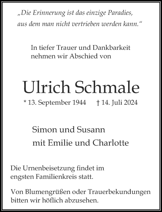 Traueranzeige von Ulrich Schmale von Rheinische Post
