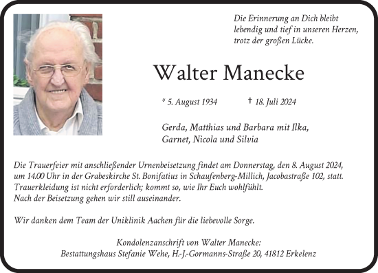 Traueranzeige von Walter Manecke von Rheinische Post