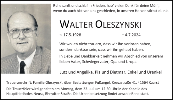 Traueranzeige von WALTER OLESZYNSKI von Rheinische Post
