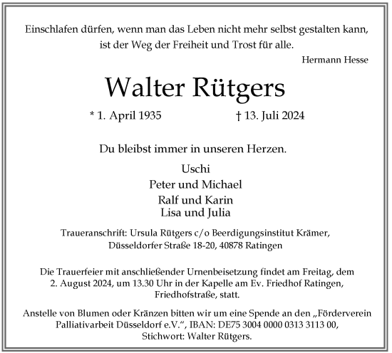 Traueranzeige von Walter Rütgers von Rheinische Post