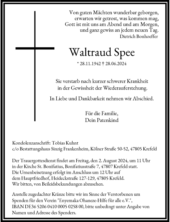 Traueranzeige von Waltraud Spee von Rheinische Post