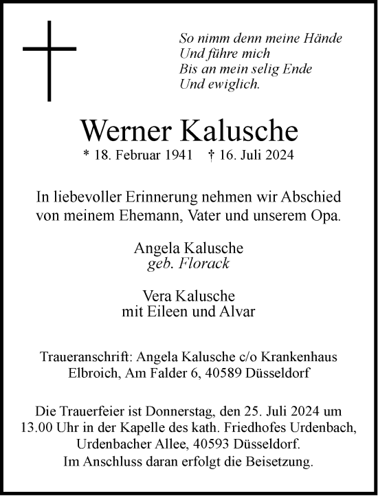 Traueranzeige von Werner Kalusche von Rheinische Post