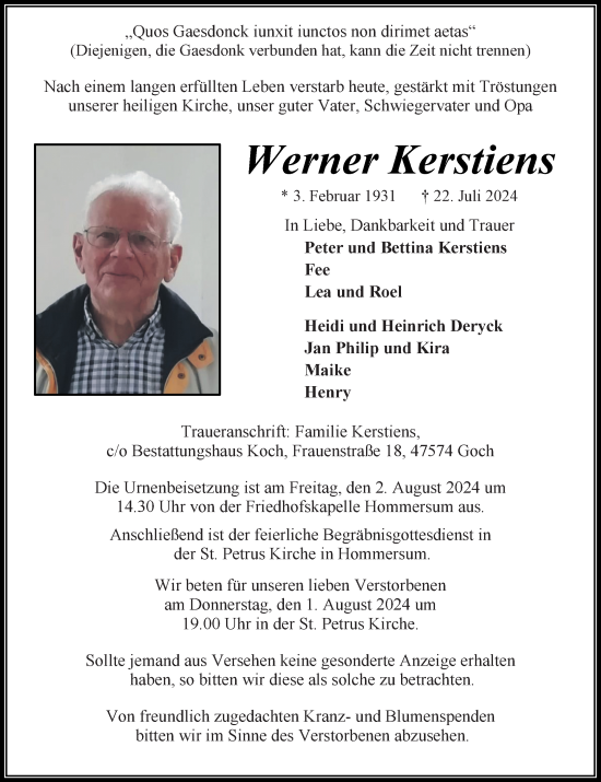 Traueranzeige von Werner Kerstiens von Rheinische Post