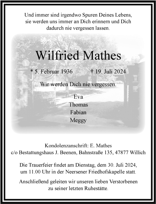 Traueranzeige von Wilfried Mathes von Rheinische Post