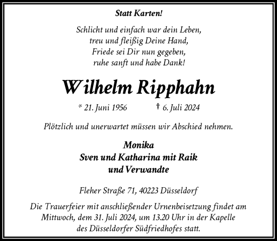 Traueranzeige von Wilhelm Ripphahn von Rheinische Post