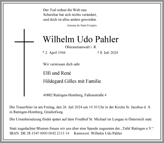 Traueranzeige von Wilhelm Udo Pahler von Rheinische Post