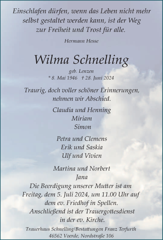 Traueranzeige von Wilma Schnelling von Rheinische Post