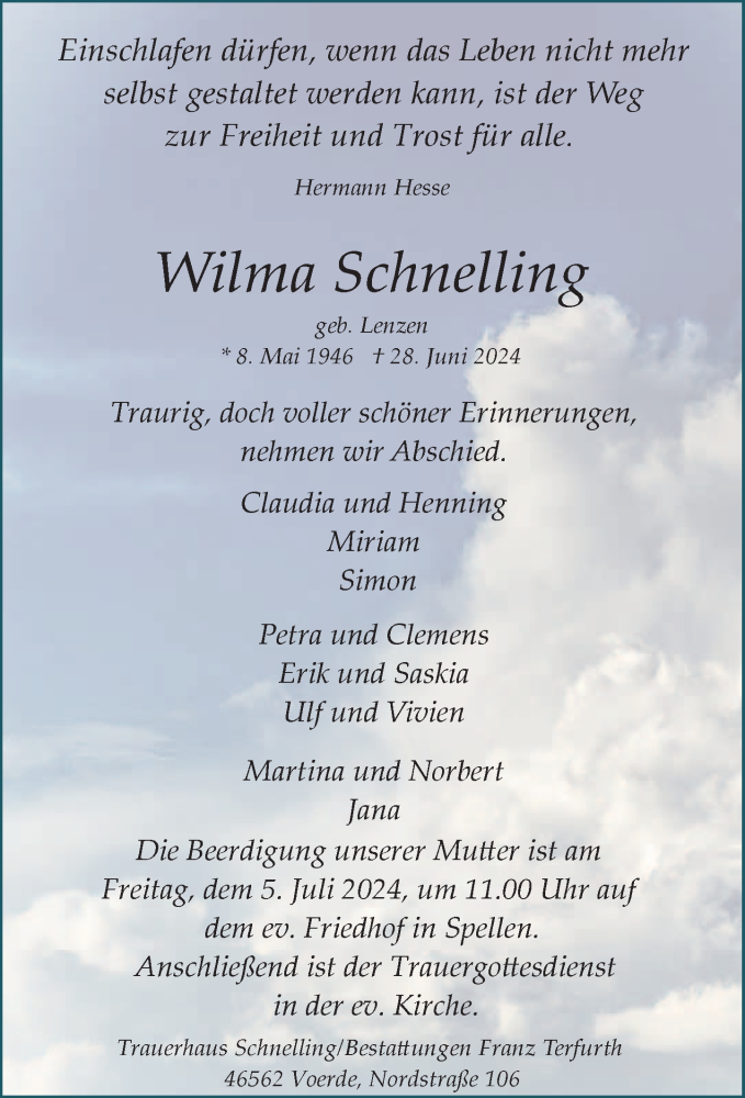  Traueranzeige für Wilma Schnelling vom 03.07.2024 aus Rheinische Post