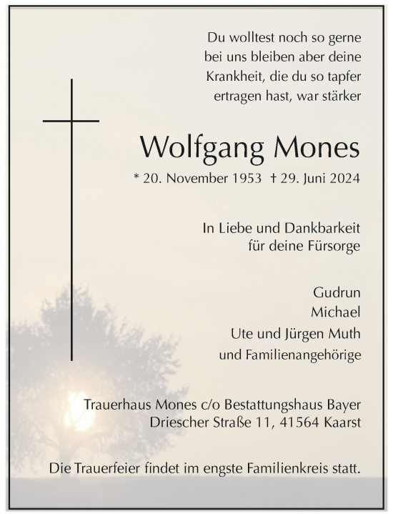 Traueranzeige von Wolfgang Mones von Rheinische Post