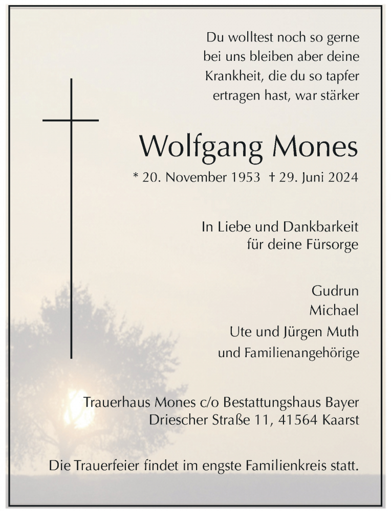  Traueranzeige für Wolfgang Mones vom 06.07.2024 aus Rheinische Post