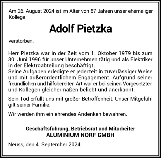 Traueranzeige von Adolf Pietzka von Rheinische Post