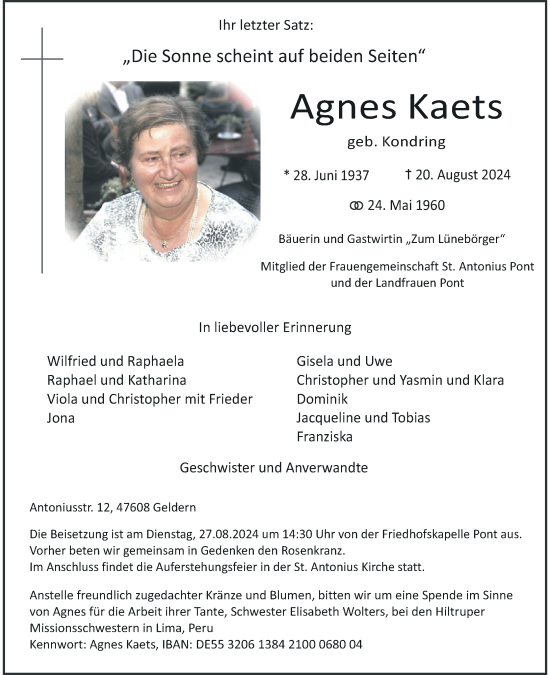 Traueranzeige von Agnes Kaets von Rheinische Post