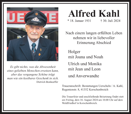 Traueranzeige von Alfred Kahl von Rheinische Post