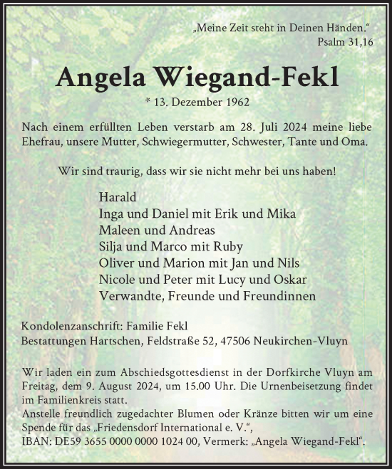 Traueranzeige von Angela Wiegand-Fekl von Rheinische Post