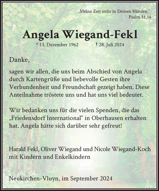 Traueranzeige von Angela Wiegand-Fekl von Rheinische Post