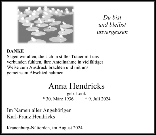 Traueranzeige von Anna Hendricks von Rheinische Post