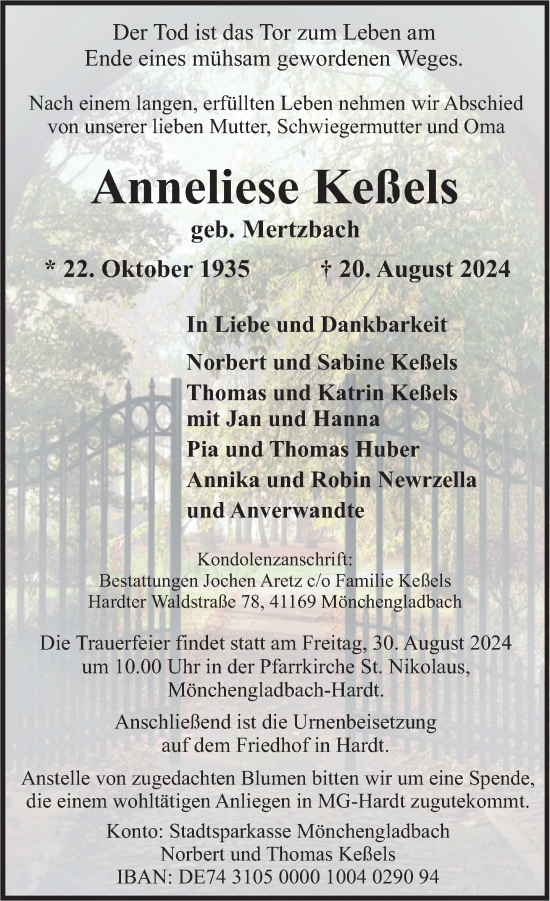 Traueranzeige von Anneliese Keßels von Rheinische Post