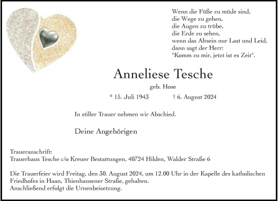 Traueranzeige von Anneliese Tesche von Rheinische Post