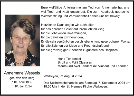 Traueranzeige von Annemarie Wessels von Rheinische Post