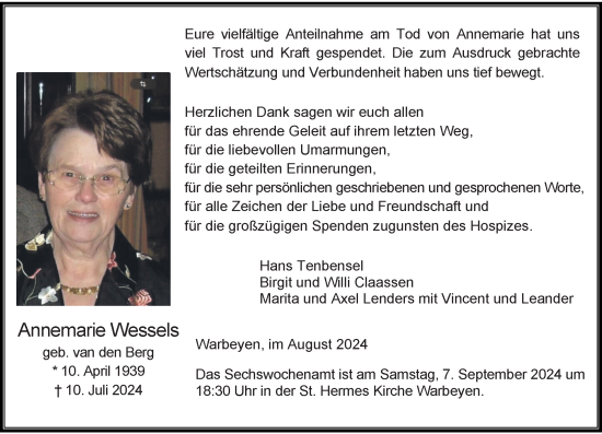 Traueranzeige von Annemarie Wessels von Rheinische Post