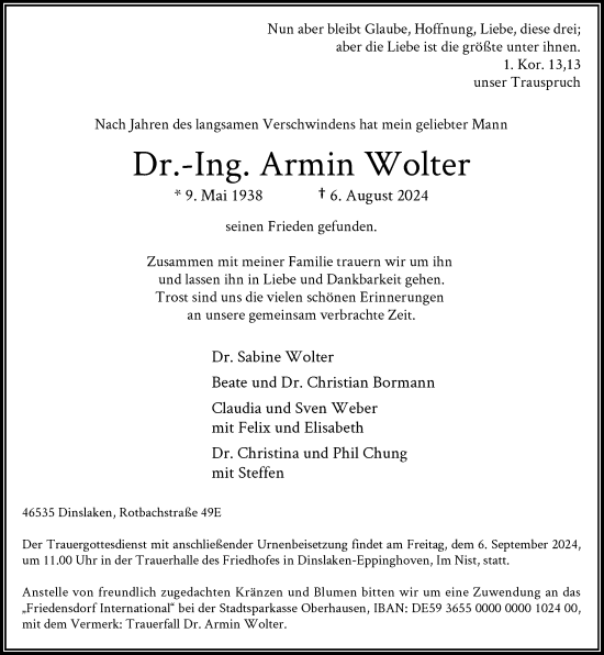 Traueranzeige von Armin Wolter von Rheinische Post