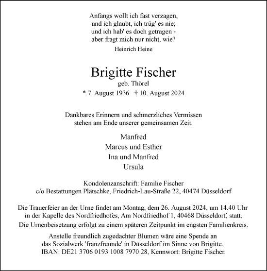 Traueranzeige von Brigitte Fischer von Rheinische Post