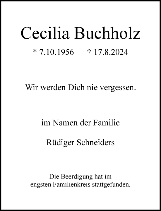 Traueranzeige von Cecilia Buchholz von Rheinische Post