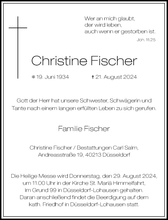 Traueranzeige von Christine Fischer von Rheinische Post