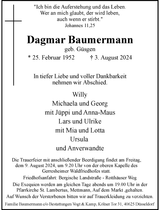 Traueranzeige von Dagmar Baumermann von Rheinische Post