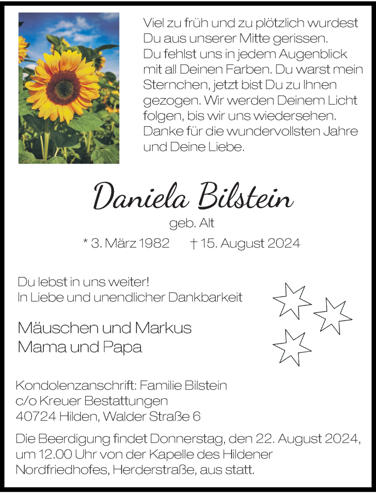  Traueranzeige für Daniela Bilstein vom 21.08.2024 aus Rheinische Post