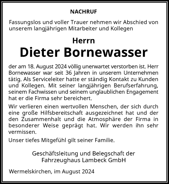 Traueranzeige von Dieter Bornewasser von Rheinische Post