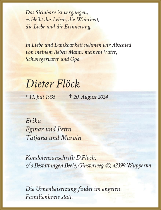 Traueranzeige von Dieter Flöck von Rheinische Post