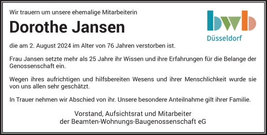 Traueranzeige von Dorothe Jansen von Rheinische Post