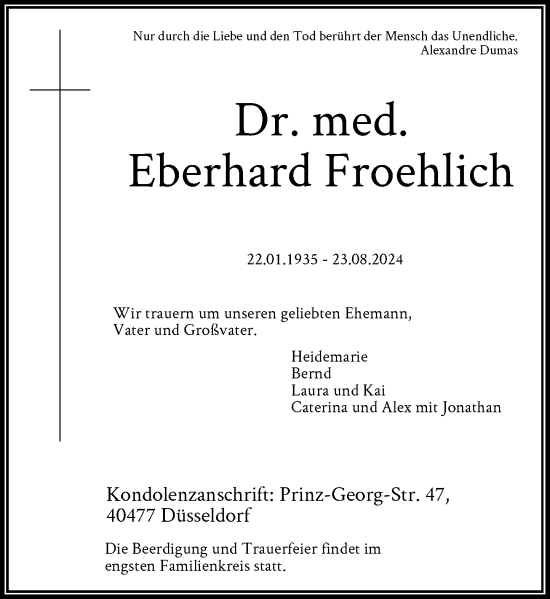 Traueranzeige von Eberhard Froehlich von Rheinische Post