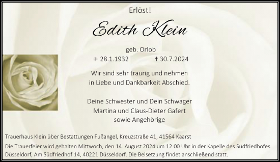 Traueranzeige von Edith Klein von Rheinische Post