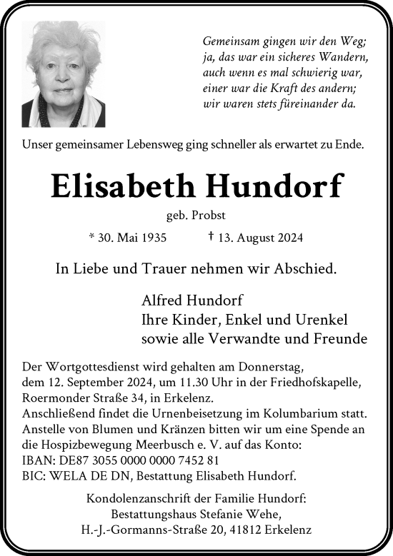 Traueranzeige von Elisabeth Hundorf von Rheinische Post