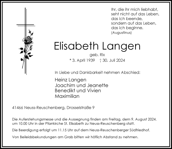 Traueranzeige von Elisabeth Langen von Rheinische Post