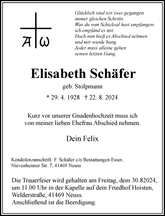 Traueranzeige von Elisabeth Schäfer von Rheinische Post