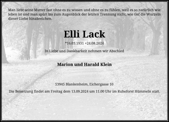 Traueranzeige von Elli Lack von Rheinische Post