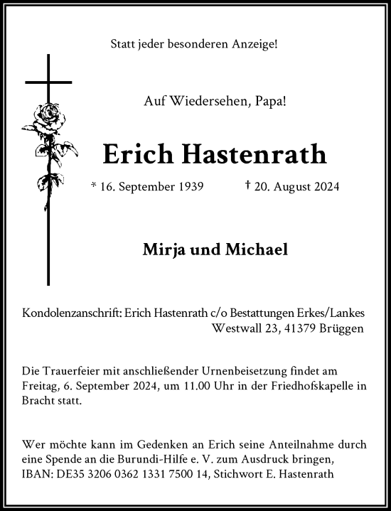 Traueranzeige von Erich Hastenrath von Rheinische Post