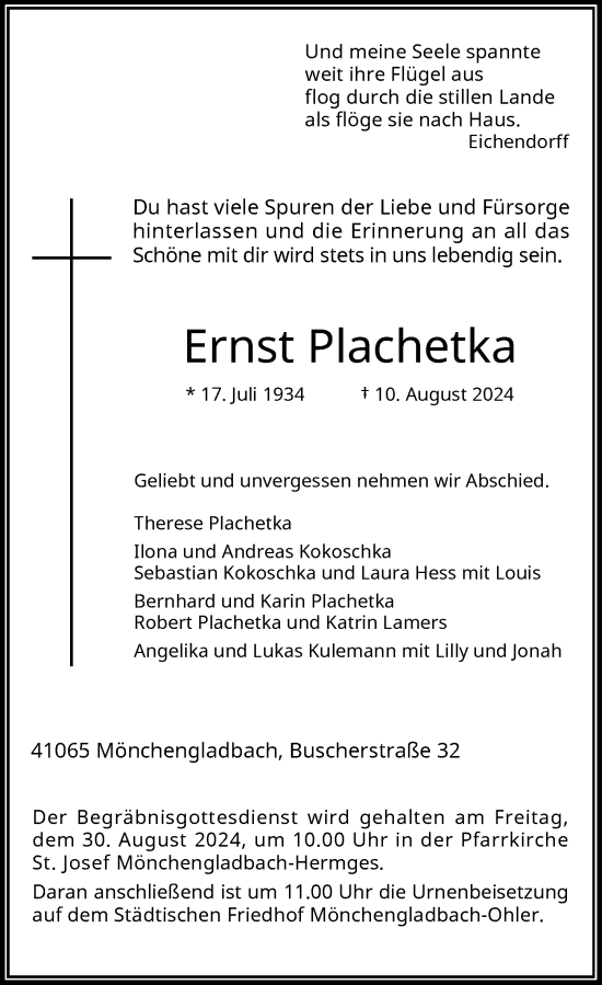 Traueranzeige von Ernst Plachetka von Rheinische Post