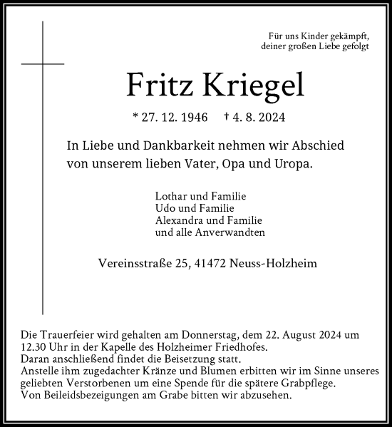 Traueranzeige von Fritz Kriegel von Rheinische Post