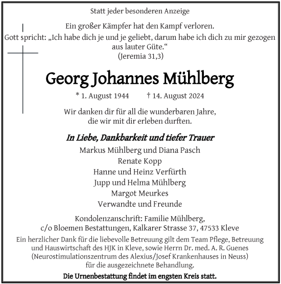 Traueranzeige von Georg Johannes Mühlberg von Rheinische Post