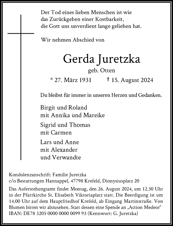 Traueranzeige von Gerda Juretzka von Rheinische Post