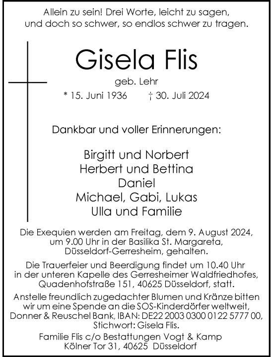 Traueranzeige von Gisela Flis von Rheinische Post